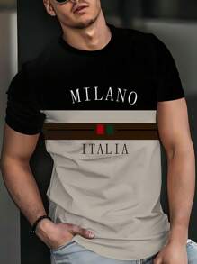 Milan' 時尚印花男士圓領短袖T恤，夏季時尚上衣，100%聚酯纖維，輕盈透氣面料，適合夏季穿著 - 卡其色 - 查看 2