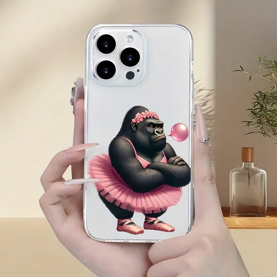 1 个透明镜头手机壳，带有独特的粉色连衣裙图案大猩猩，适用于 iPhone 16 Pro Max、15/14 Plus、13、12、11 及系列 - 彩色 - 查看 1