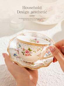 1pc French-Style Coffee Cup And Saucer Set, Ceramic Cup With Gold Trim, Vintage Ditsy Floral Pattern, Ideal For Afternoon Tea, Mug, Gift Back To School