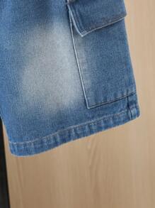 青少年男孩时尚衬衫领印花口袋撞色短袖牛仔衬衫 + 撞色牛仔短裤 2 件套，春夏