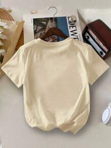 Young Girl's Pencil And Bow Print Round Neck Short Sleeve Tee Spring And Summer Casual T Shirt For Young Girl - Apricot - View 2