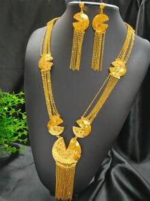 2PCS Women's Gold Plated Long Tassel Necklace And Earring Jewelry Set, /African/Dubai Bride Wedding Party Occasion, Valentine's/Mother's/Easter Day Gift, Necklace And Earrings Set - Yellow Gold - View 1