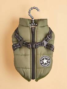 1pc Dog Harness Vest With Leash, Waterproof Cotton Padded Warm Clothing For Winter - Green - View 3