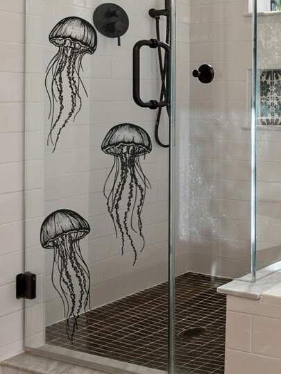 1 szt. Dekoracje do domu Naklejka ścienna z meduzą do łazienki, sypialni - samoprzylepna naklejka z PVC, czarny geometryczny wzór, asymetryczny kształt, naklejki ścienne do łazienki, naklejka winylowa do dekoracji domu, elementy dekoracyjne do sypialni, odśwież wystrój ściany w domu, wystrój łazienki, elementy dekoracyjne pokoju, wystrój salonu, wystrój domu, wystrój domu, sztuka ścienna do salonu, tapeta, spersonalizowane naklejki, lustro, lustro ścienne, lustro ścienne, lustro do pokoju