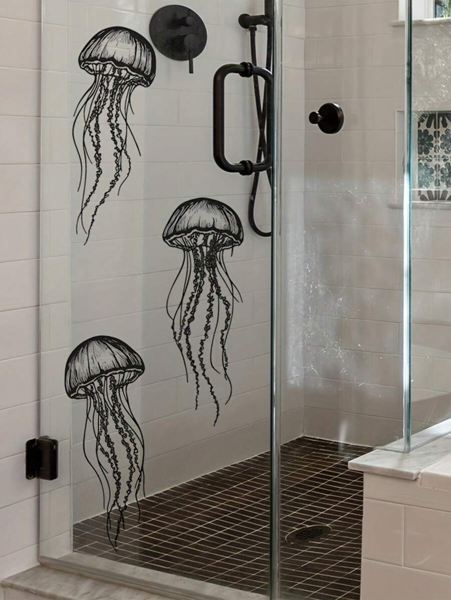 1 szt. Dekoracje do domu Naklejka ścienna z meduzą do łazienki, sypialni - samoprzylepna naklejka z PVC, czarny geometryczny wzór, asymetryczny kształt, naklejki ścienne do łazienki, naklejka winylowa do dekoracji domu, elementy dekoracyjne do sypialni, odśwież wystrój ściany w domu, wystrój łazienki, elementy dekoracyjne pokoju, wystrój salonu, wystrój domu, wystrój domu, sztuka ścienna do salonu, tapeta, spersonalizowane naklejki, lustro, lustro ścienne, lustro ścienne, lustro do pokoju