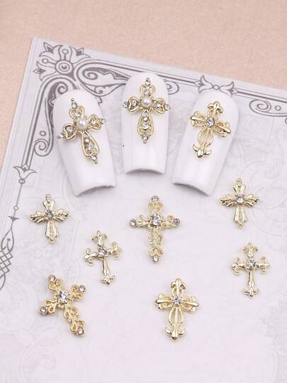 10-Pack Gold Cross Nail Art Decorations Metallic Style Diy Nail Art Glitter Metal Rhinestones Fake Nail Art Decoration Accessories For Women And Girls Nail Art Supplies Diy Nail Art Accessories Nails Nail Charms Nail Gems