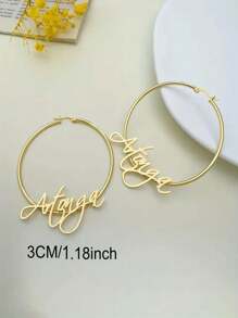 Custom Handwritten Style Personalized Name Earrings, Elegant Stainless Steel Customized Name Hoop Earrings, Suitable For Women's Daily Wear And Music Festivals, Non-Plated, All Season Applicable - Gold - View 4