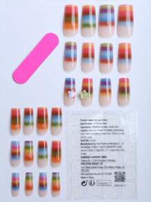 Elevate Your Style With 24 Pcs Long Square Press On Nails Gift Box Summer Dopamine Color Neon Gradient Vitality Aurora Color Pentagon-Heart Girl Gift, Banquet Holiday Fake Nails With Jelly Glue 1 Piece File Strip 1