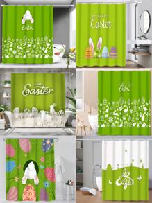 1/4pcs Colorful Rabbit, Egg, Happy Letter, Floral Print On Green Background, Easter Elements Waterproof Shower Curtain Set With 12 Hooks, Waterproof Polyester Fabric, Machine Washable, Rustproof Grommets Top, Unlined Woven Shower Curtain, Suitable For Bathroom Decor, Home Decor Bathroom Accessories