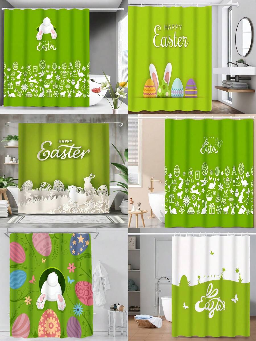 1/4pcs Colorful Rabbit, Egg, Happy Letter, Floral Print On Green Background, Easter Elements Waterproof Shower Curtain Set With 12 Hooks, Waterproof Polyester Fabric, Machine Washable, Rustproof Grommets Top, Unlined Woven Shower Curtain, Suitable For Bathroom Decor, Home Decor Bathroom Accessories