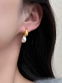 独家限量款优雅金属水滴形前后耳环，时尚简约百搭女士耳环，泪滴造型圣诞礼物 - 金色 - 查看 5