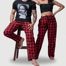Calça Xadrez Inverno  Esportiva Boca Larga 100% Algodão Premium Flanela Reta Street Unissex - Vermelho - Visão 4