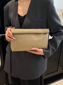 Túi xách thời trang màu trơn, túi vuông dung tích lớn bằng da PU có nắp gập và khóa nam châm, họa tiết da cá sấu, túi đa năng dự tiệc, thích hợp cho phụ nữ đi du lịch và mua sắm. - Màu Khaki - Xem 7