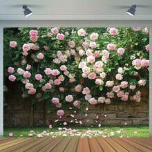1 Fundo de jardim de primavera exuberante com rosas cor-de-rosa - fibra de poliéster, perfeito para atividades ao ar livre, acampamento, pesca, piquenique, decoração de festa e adereços para cabine de fotos, decoração de pátio externo