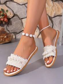 Damen Zehentrenner Sandalen, vintage perlenbestickte leichte Slip-On Sandalen