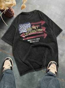 Camiseta de manga corta con cuello redondo y lavado vintage informal para hombre