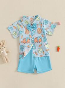 Toddler Baby Boys Easter Outfits Easter Egg Carrot Pattern Turn Down Collar Short Sleeve Shirt With Shorts 2 Pcs Set For Summer - 藍色 - 查看 1