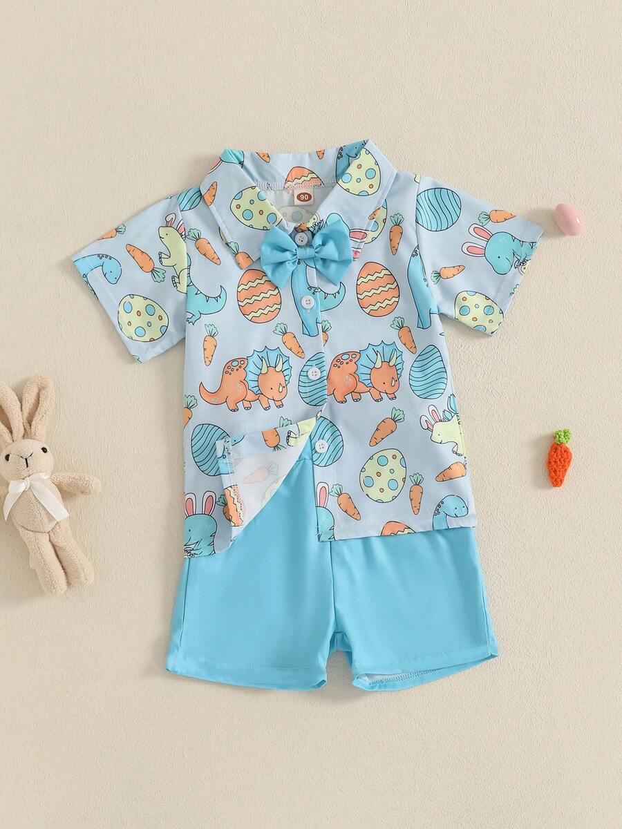 Toddler Baby Boys Easter Outfits Easter Egg Carrot Pattern Turn Down Collar Short Sleeve Shirt With Shorts 2 Pcs Set For Summer - 藍色 - 查看 1