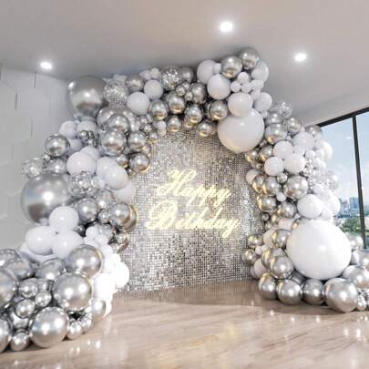 135pcs White & Silver Metal Hoop Balloon Kit, Suitable For Birthday, Wedding, Bridal Shower, Graduation, Anniversary, Christening, Summer Party, Background, Garden Decor, Home & Outdoor Decoration, Photography, Carnival, Bathing, Mother's Day