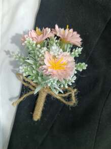 1 件男女通用菊花多肉植物植绒白霜绿叶派对婚礼伴娘伴郎胸花，清新花卉翻领别针 - 彩色 - 查看 5