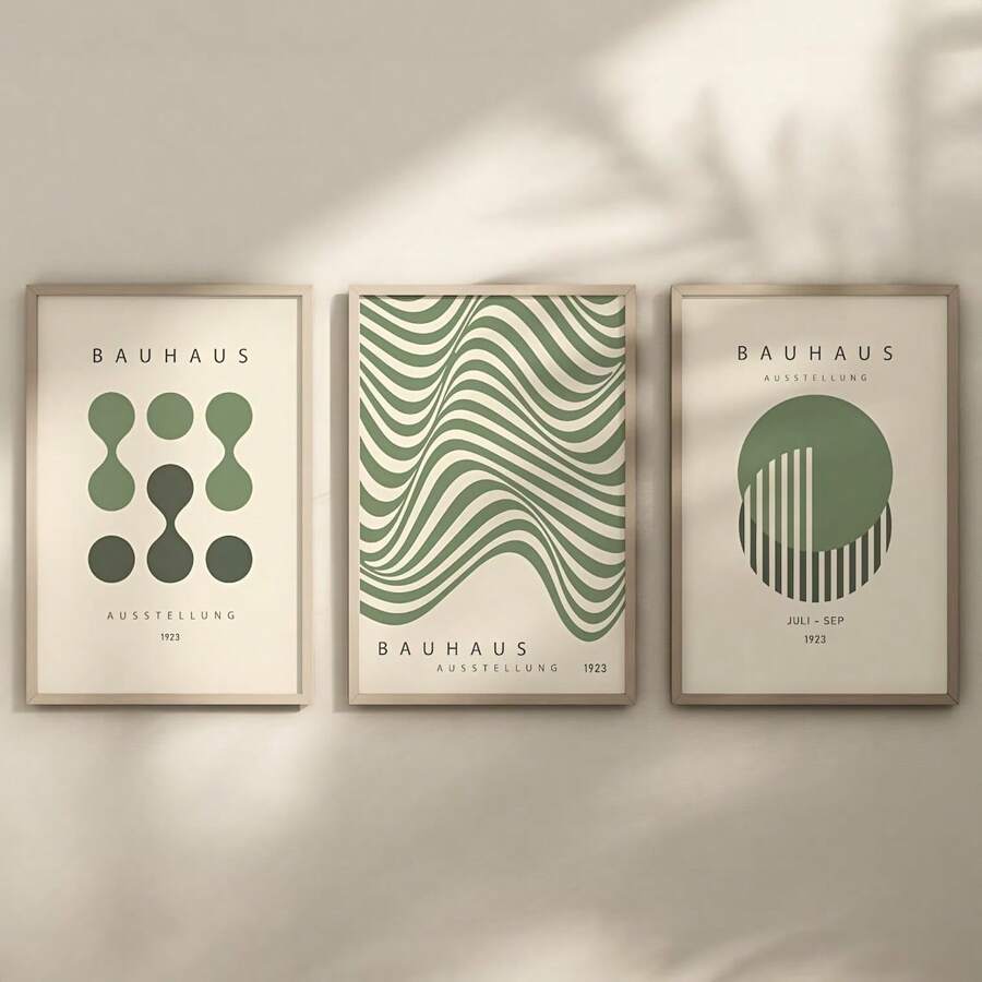 3 件/套鼠尾草绿色包豪斯墙壁艺术海报，包豪斯抽象墙壁艺术帆布画，几何现代艺术海报，客厅家居装饰，无框 - 3PCS - 查看 1