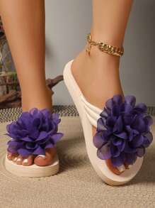 Gorgeous Purple Flower - Embellished White Slide Sandals - Purple - View 5