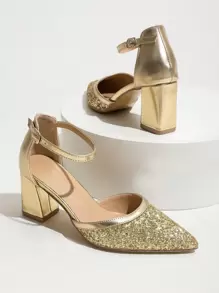 New Gold Hollow Pointed Toe Chunky High Heel Glitter Women Pumps - Gold - View 7