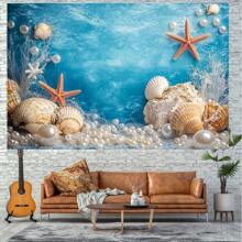 1 Piece Of Ocean Blue Background With Shells And Pearls - Vibrant Underwater Beach Party Decoration, Made Of Polyester Material, Perfect For Birthdays, Festivals, Theme Events, Beach Accessories