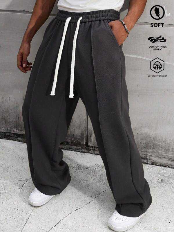 Men's Solid Color Loose-Fit Ice Silk Pants, Classic Straight-Leg Casual Pants With Drawstring Waist For Daily Wear