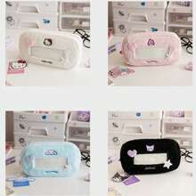 Sanrio 1pc Sanrio Hello Kitty Plush Transparent Window Pencil Case, Cute Cartoon Student Stationery Storage Bag With Zipper, Suitable For Birthday/Back To School Gifts