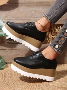 女士纯色系带方头厚底坡跟鞋，适合所有季节 - 黑色 - 查看 3