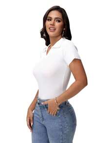 GEREARC Women's Casual Ribbed Notched Neck Short Sleeve T-Shirt - 白色 - 查看 4