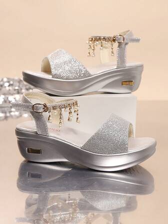 Women's Platform Rhinestone Embellished Wedge Sandals, High Heel Comfortable Casual Waterproof Thick Sole Summer Shoes, Run Large By 2 Sizes