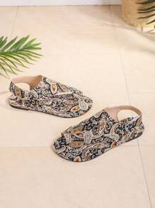 女士波西米亚风格向日葵印花钩环平底凉鞋，欧洲时尚休闲复古设计露趾平底凉鞋