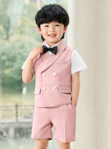 3 Peças Conjunto de Colete + Shorts + Gravata Borboleta para Meninos, Traje Formal Adequado para Apresentação Escolar, Pajem de Casamento, Ocasiões de Feriado, Verão
