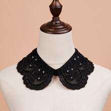 1pc White Mesh Embroidered Vintage Beaded Collar, Fashion Versatile Round Collar Detachable Collar, Bohemian Vintage Casual Cute Elegant