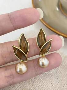 1 Cặp Hoa tai ngọc trai giả hình lá cây cà phê cổ điển sang trọng dành cho nữ, thích hợp cho tiệc tùng, đeo hàng ngày - màu nâu - Xem 4