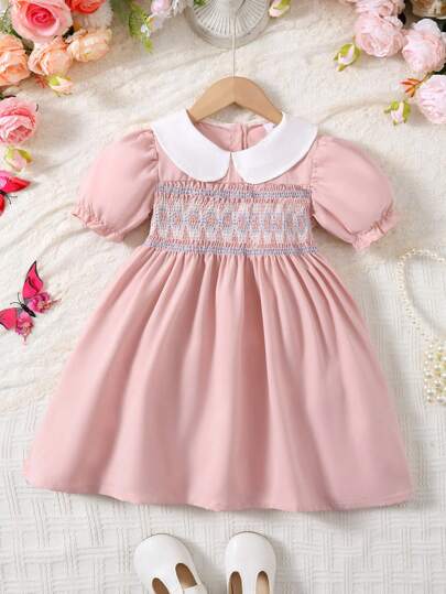 Girls' Summer Dress, Children's Patchwork Peter Pan Collar Puff Sleeve Smock Splice Fashion Princess Chic Dress, Girls Half Cardigan Single-Breasted Casual Dress, Suitable For 4-7 Years Old Young Girls Daily Wear