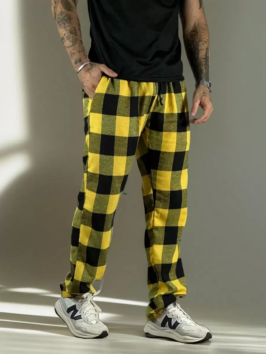 Plaid Winter Sports Wide Leg Pants 100% Premium Cotton Flannel Straight Street Unisex - 黃色 - 查看 1
