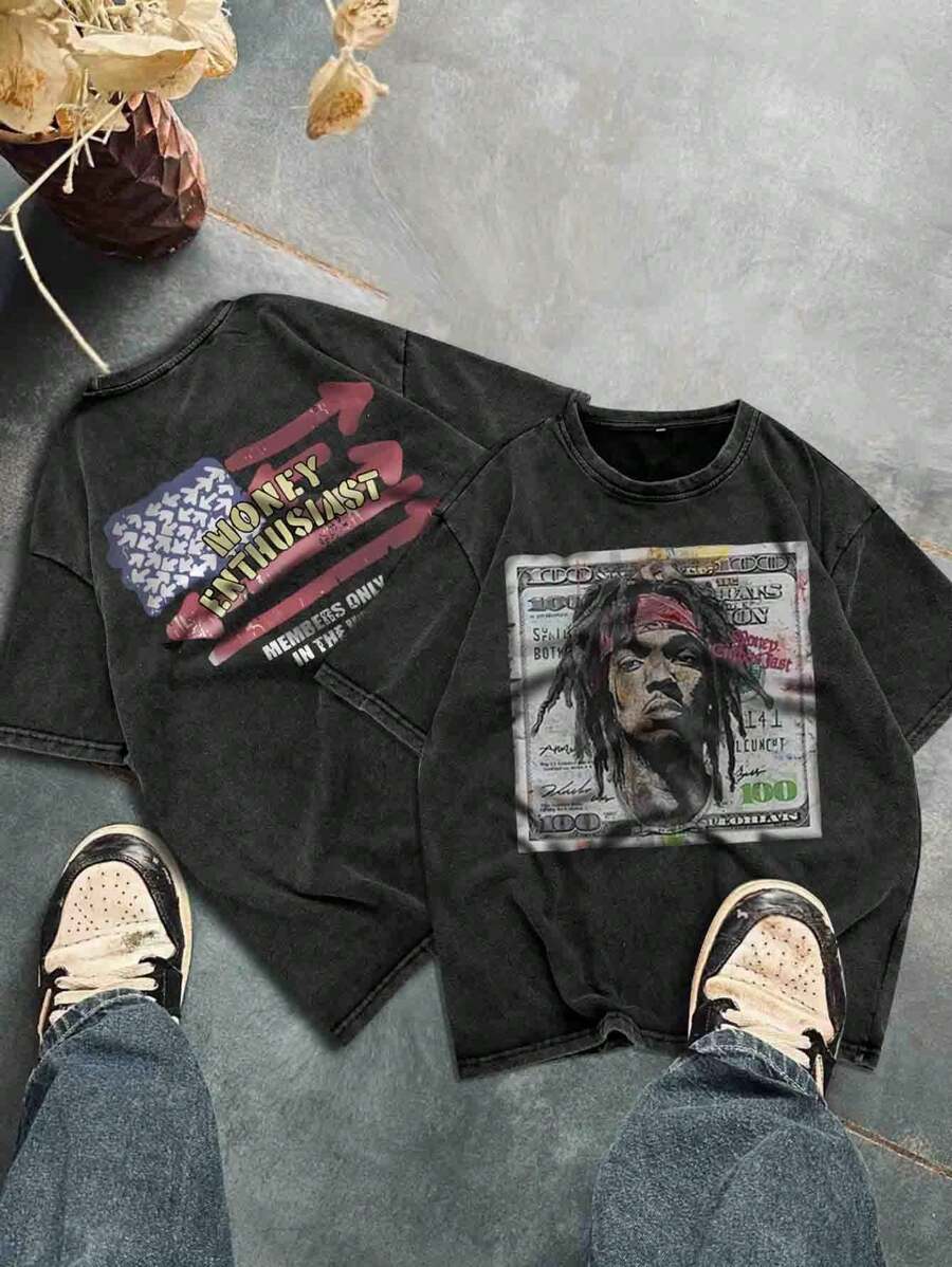 Camiseta de manga corta con cuello redondo y lavado vintage informal para hombre