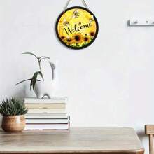 Welcome Wreath Logo, Bee And Sunflower Logo, Rural Art, Circular Wooden Logo, Wreath Center, Wreath Logo, Wreath Decoration, Door Decoration, Wall Decoration, Home Decoration, Room Decoration, Farmhouse Decoration, Porch Decoration