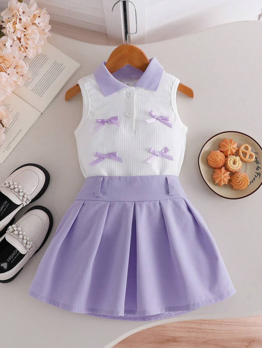 Young Girl Elegant Sleeveless Top & Pleated Skirt 2 Pieces Set, Summer