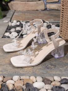 Sandálias com Laço Novos, Salto Médio Grandão e Salto Cristal Transparente, Sapatos de Dança de Salto Alto, Adequado para Adolescentes, Estilo Escolar, Sapatos de Dança de Salto Alto