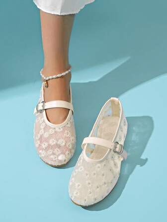 Women Ballet Flats, Summer Breathable Embroidered Lace Round Toe Mary Jane Minimalist White Flat Shoes
