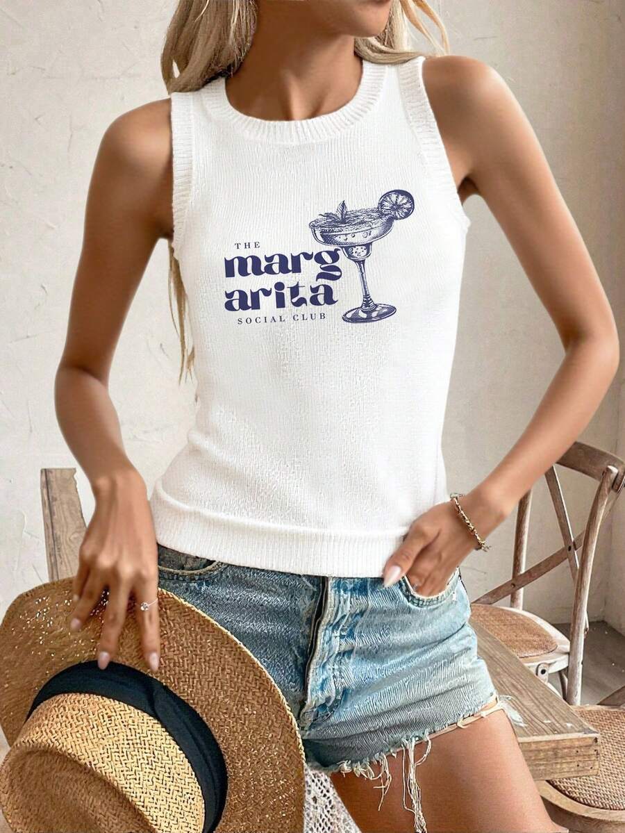 Primăvară și vară, vestă pentru femei cu gât rotund, cu imprimeu cu model, tricouri albe de vară, simplu, elegant, potrivite pentru navetă, topuri pentru femei de vară - alb - Vizualizare 1