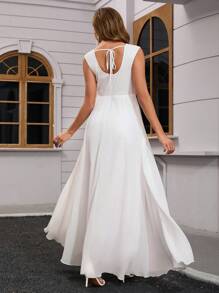 Váy cưới không tay dài thướt tha cho nữ, váy chiffon thêu hoa ren ở eo, cô dâu - trắng - Xem 2