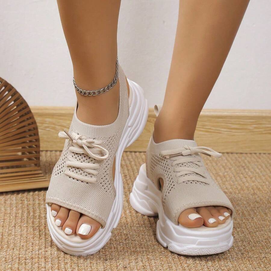 女士镂空网眼休闲运动凉鞋 - 米色 - 查看 1