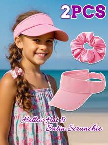 2pcs Kids Solid Color Visor Hats & Hair Scrunchie Set, 1pc Sun Protection Visor Cap & 1pc Large Scrunchie, Suitable For Daily Outdoor Use, Gift