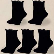 1/3/5 Pairs Women's Cute Ruffled Frilly Ankle Crew Socks, White And Black, Polyester Spandex Blend, Machine Washable - Multicolor - View 6