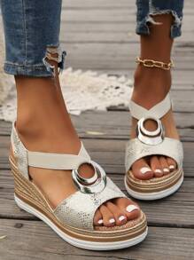 2025 Summer New Casual Wedge Sandals, Platform Thick Bottom Fashion Sandals With Metal Buckle Decor, Imitated Jute Rope, Elastic Strap Open Toe Sandals